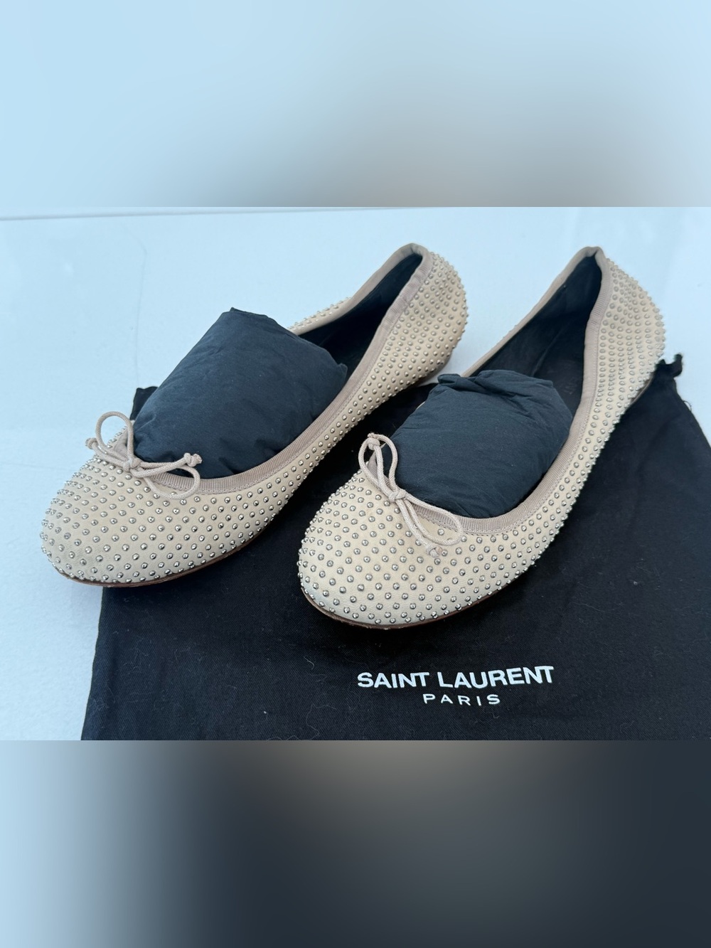 Yves Saint Laurent Nude Studded Bow Ballet Flats